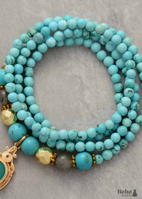 Boho Necklace, Mala Stone Beads Turquoise Gold
